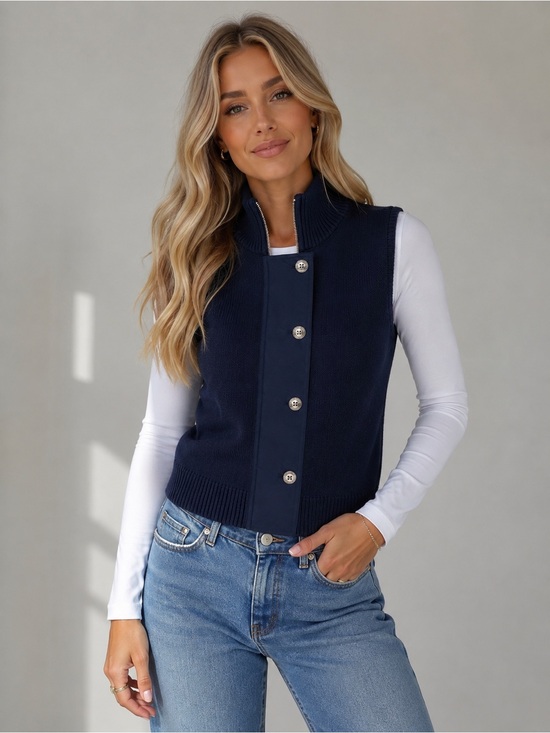 Chaps Jackets & Blazers - Chaps Navy Blue 100% Cotton Zip Front Sweater Vest Size Large